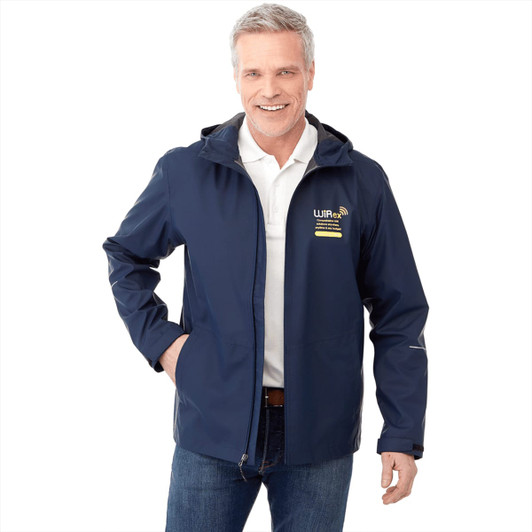 A navy rain jacket for men featuring a hood and a logo on the chest. The jacket is styled with a front zip.