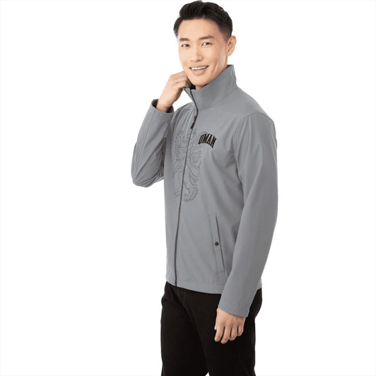 A men's softshell jacket in grey, featuring a high collar and a front zip, with a logo on the chest.
