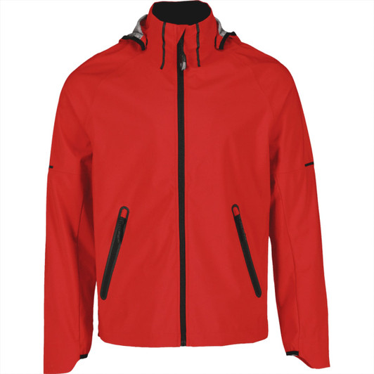 A red men's softshell jacket with a high collar and zippered pockets, featuring a logo on the chest.