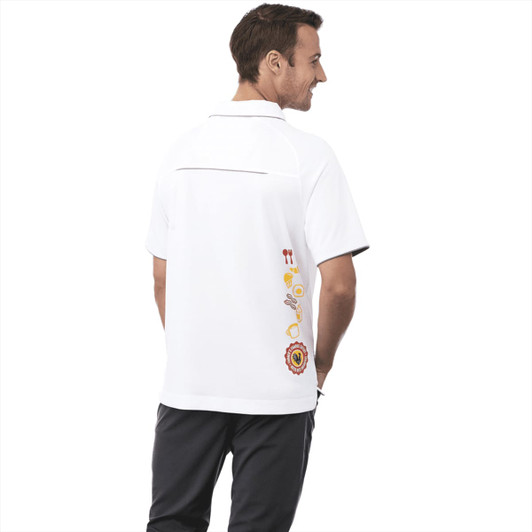 A white short sleeve polo shirt with a subtle design on the back and a logo.