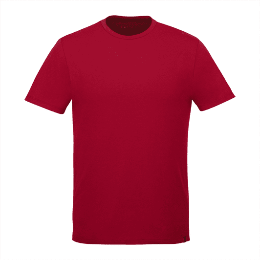 A red short sleeve tee for men, featuring a simple design and a branding logo.