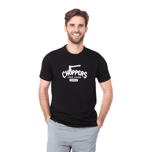 A black short sleeve tee for men featuring a graphic design with an axe and text. The shirt has a logo on it.