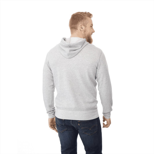 A grey fleece zip hoodie with a hood, displayed from the back on a model wearing jeans. Features branding.