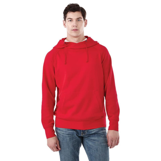 A red fleece hoodie for men, featuring a kangaroo pocket and a drawstring hood. It has a logo on the front.