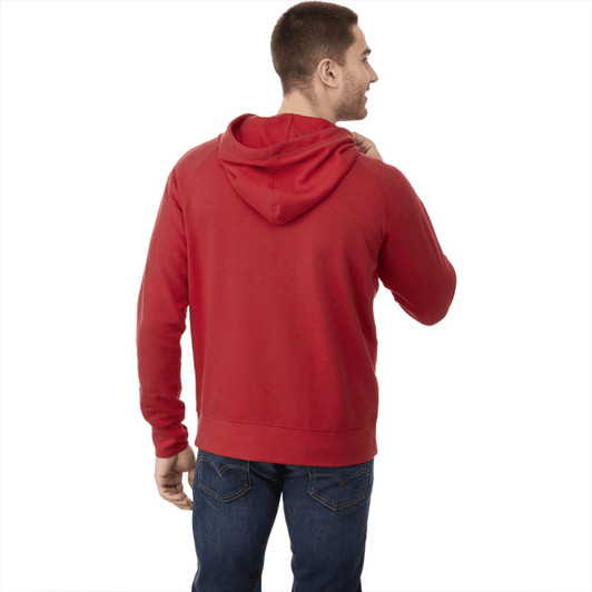A red men's fleece hoody with a hood, seen from the back, featuring a logo on the front.