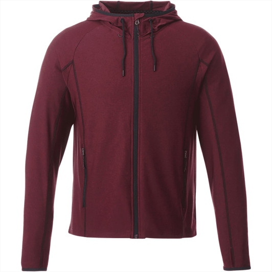 A maroon men's jacket featuring a hood, zip front, and side pockets, with a branding logo.