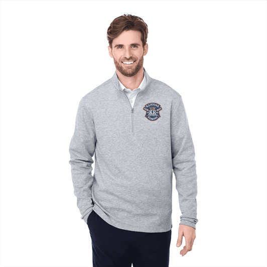 A grey quarter zip sweater for men, featuring a logo on the chest. Styled with a relaxed fit.