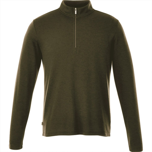 A dark green men's quarter zip jumper with long sleeves and a metal zip at the neck, featuring a logo.