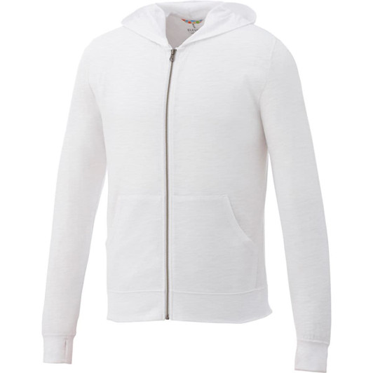 A white full zip hoodie featuring a hood and two front pockets, with a small logo on the side.