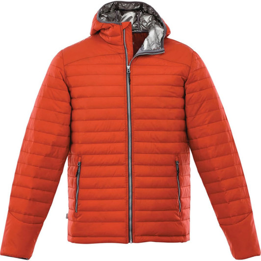 An orange puffer jacket with a hood and zippered front, featuring a grey interior lining.