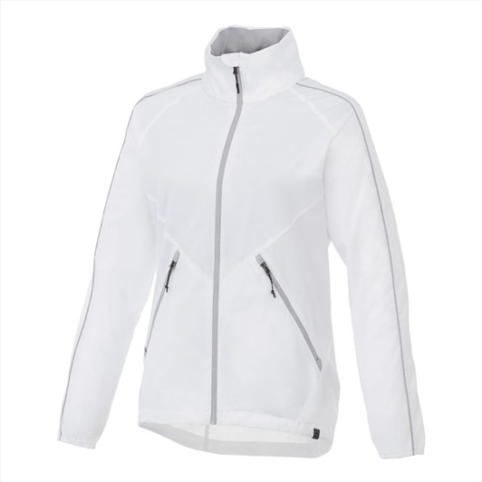 A women's packable rain jacket in white with contrasting grey trim and a zippered front and pockets.