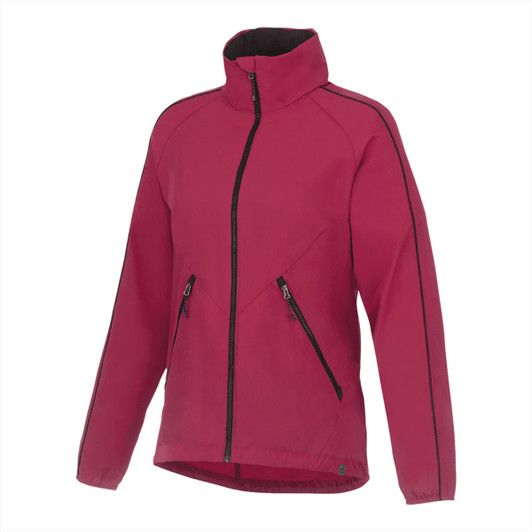 A women's rain jacket in vibrant pink with contrasting zippers and a high collar. It features a logo on the sleeve.
