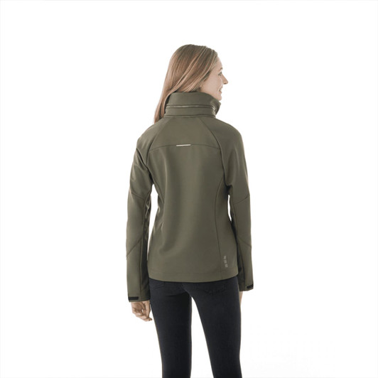 A green women's softshell jacket displayed from the back, featuring a high collar and a logo.
