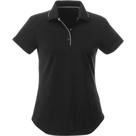 A black women's polo shirt with a collar, featuring a subtle trim and buttons, and includes a logo.