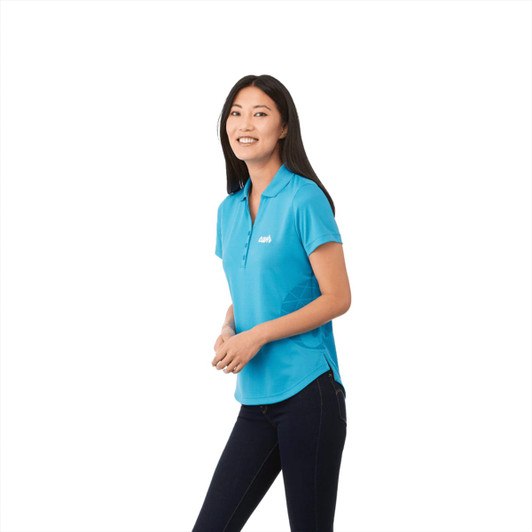 A women's short sleeve polo in a vibrant blue, featuring a subtle logo and a classic collar design.