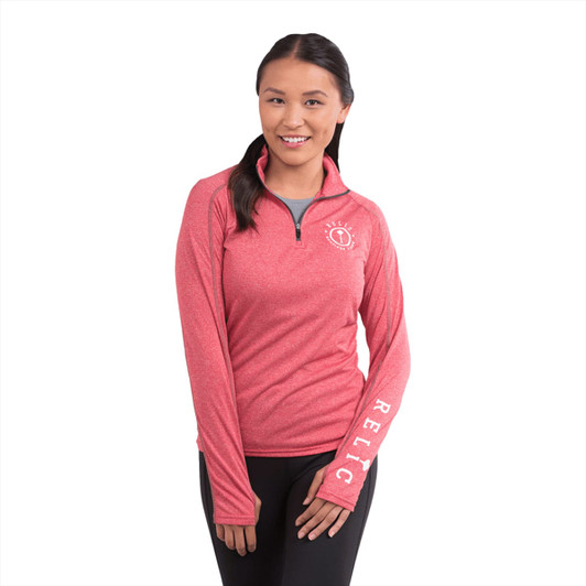 A women's red knit quarter zip jumper featuring long sleeves and a logo on the sleeve.