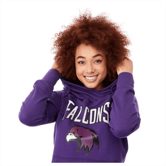 A purple women's fleece hoody with a hood and a logo. The model has curly red hair and is smiling.