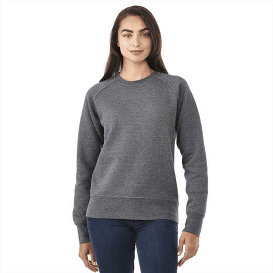 A woman is wearing a grey fleece crew jumper, featuring a simple design and a logo.