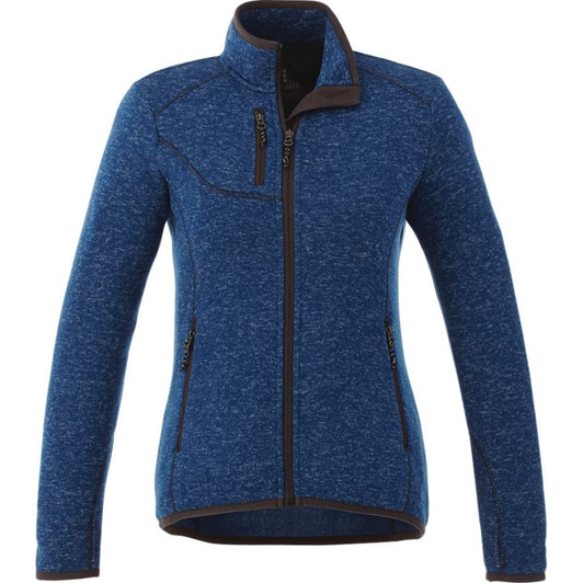 A blue women's knit jacket with a zip front and two side pockets, featuring a small logo.