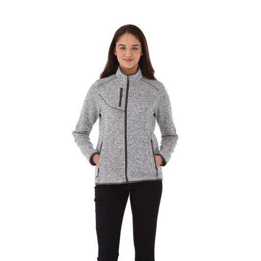 A women's knit jacket in grey, featuring a zip front and pockets, with a logo.
