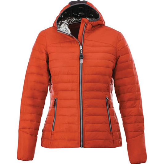A packable women's jacket in vibrant orange with a lined hood and zippered pockets, featuring a branded logo.