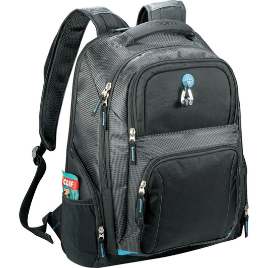 A black and grey laptop backpack with multiple pockets, padded straps, and a logo on the front.