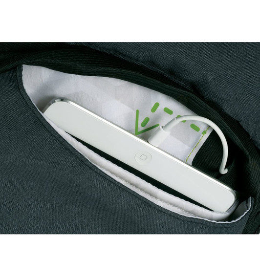 A green backpack features a white item in a pocket, with a visible charging cable. The interior has a geometric pattern.