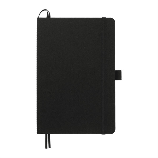 A black Recycled Marine Bound JournalBook with an elastic band closure and ribbon bookmark. It has a logo on the cover.