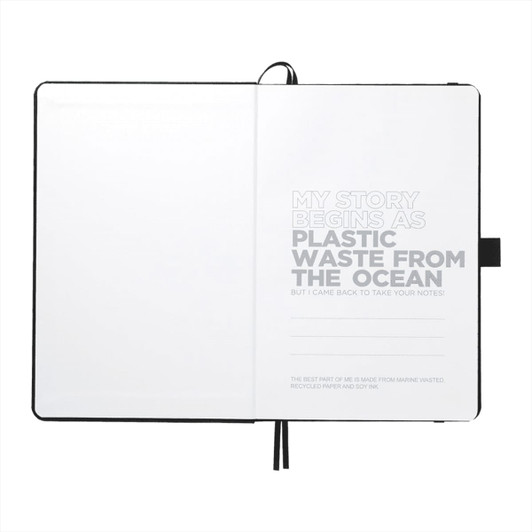 A black journal featuring recycled materials, with blank pages and a logo on the cover.