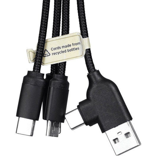 A set of black charging cables with braided exteriors, featuring a label indicating they are made from recycled bottles.