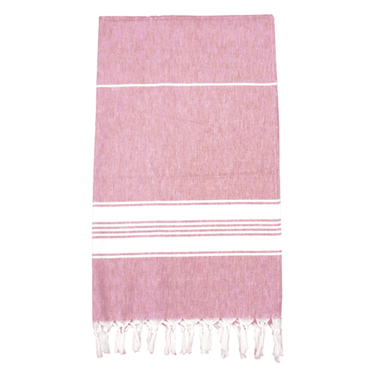A pink and white Turkish towel with fringed edges and a subtle striped pattern, featuring a logo.