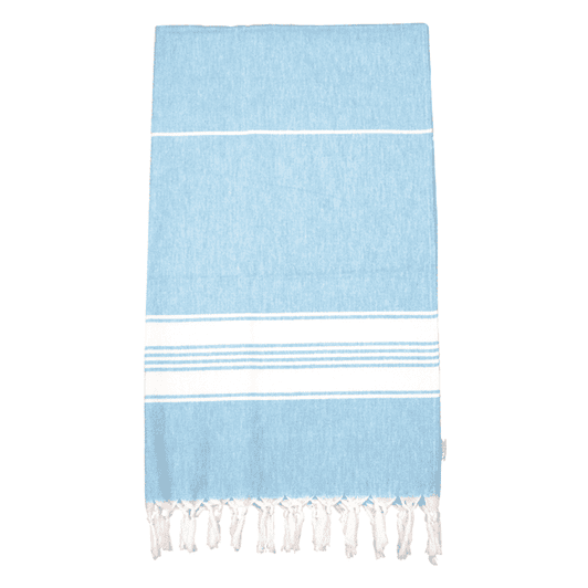A light blue cotton Turkish towel with white stripes and fringed edges, featuring a logo.