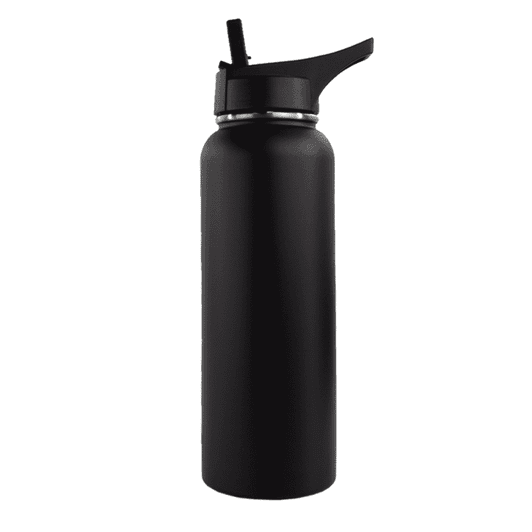 A drink bottle in matte black with a straw lid and a stainless steel finish. Features a logo on the body.