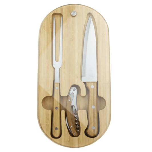 A bamboo knife set featuring three stainless steel knives, housed in an oval wooden tray with a transparent cover.