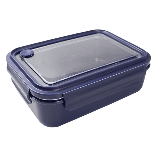 A reusable dark blue lunch container with a transparent lid, featuring a locking mechanism and a logo.