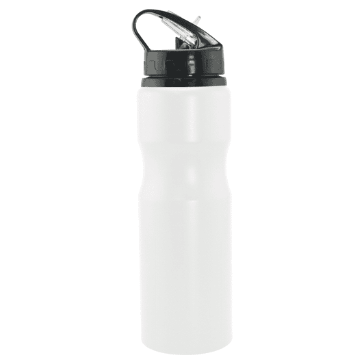 A drink bottle in white aluminium with a black cap and spout, featuring a logo.