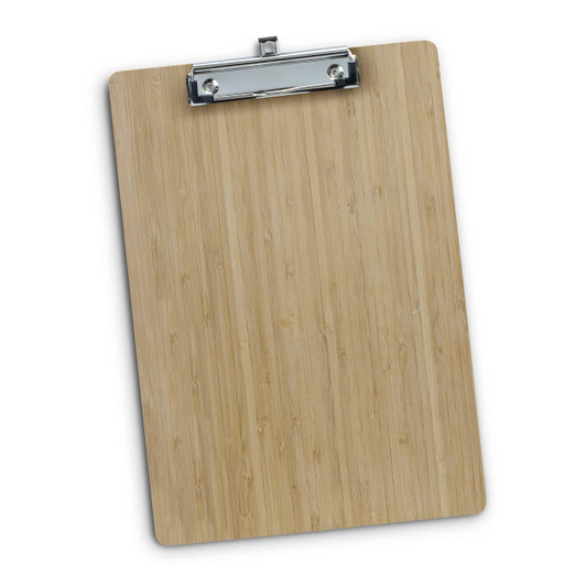 A bamboo clipboard with a silver metal clip, showcasing a natural wood finish and smooth surface.