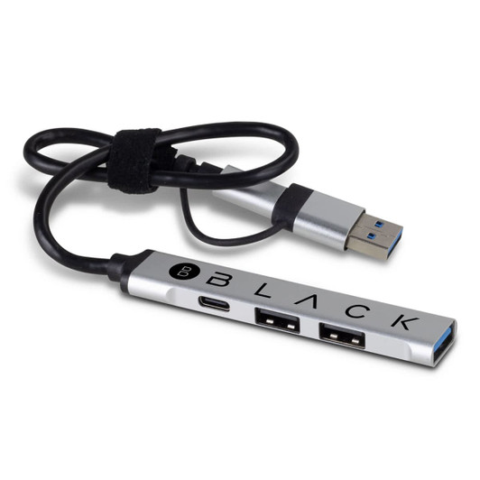 A black and silver Megabyte USB Hub with multiple USB ports and a connecting cable. It features a logo on the side.