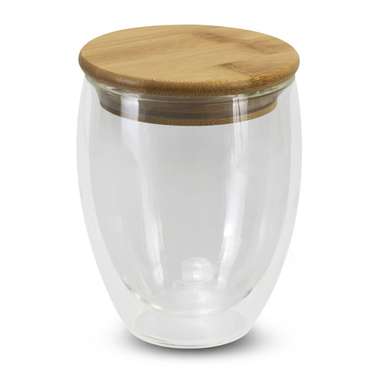 A drink bottle featuring a clear glass body with a bamboo lid, suitable for various beverages.
