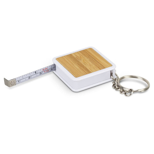 A bamboo-topped tape measure with a silver key ring and a white casing. The tape is retractable.