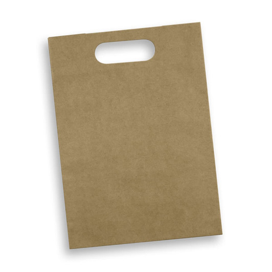 A large, brown die cut paper bag with a handle and a plain surface, featuring a logo.