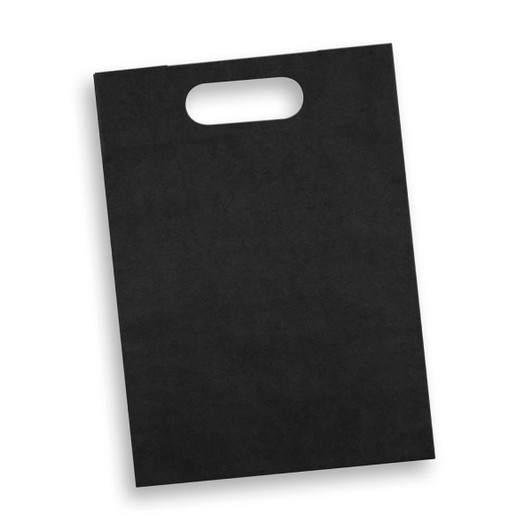 A large, black die cut paper bag with a handle and a plain design, featuring a logo.