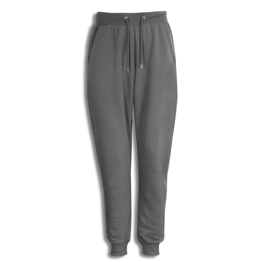 Unisex sweatpants in a dark grey colour, featuring an elastic waistband and pockets. Includes a logo on the garment.