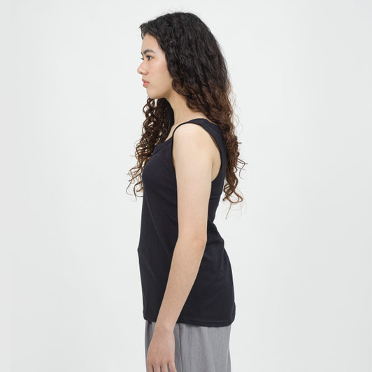 A black women's sports tank top with thin straps, featuring a relaxed fit and an understated design.