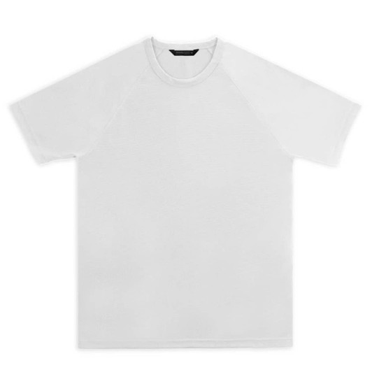 A white men's sports T-shirt with a raglan sleeve design and a branding logo.