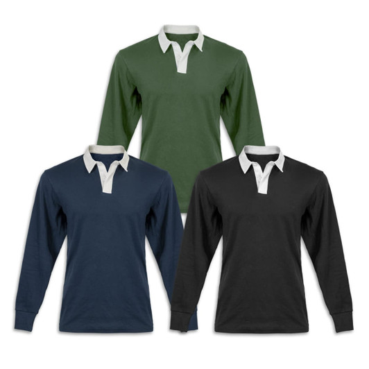 A group of three unisex rugby jerseys in navy, green, and black, each featuring a white collar and a logo.