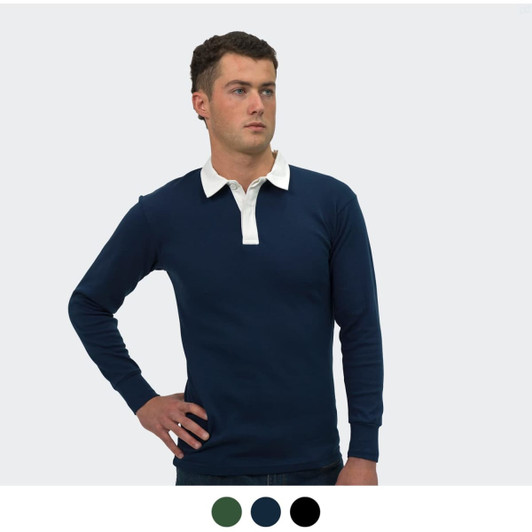 A navy blue unisex rugby jersey with a white collar, featuring branding on the chest.