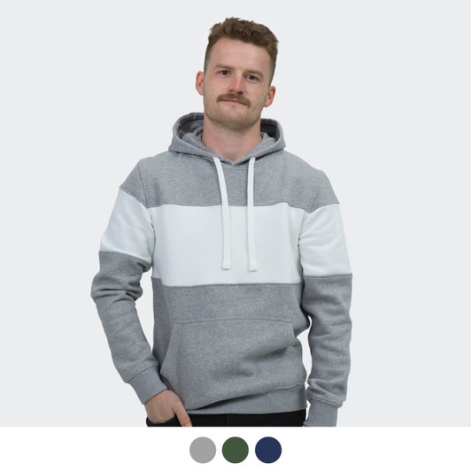 A grey and white unisex hoodie features a stripe design and a front kangaroo pocket, with an adjustable hood.