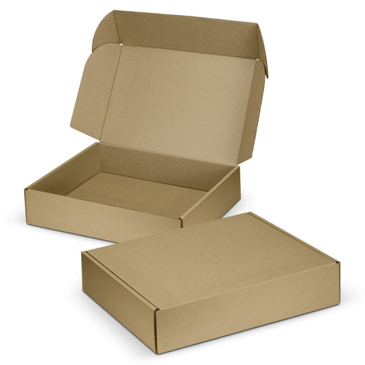 A brown die cut box with a locking lid, featuring an open and closed position for easy visibility.