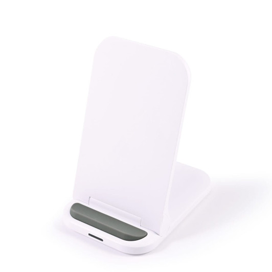 A white wireless charger with a sleek, angled design and a green accent at the base.